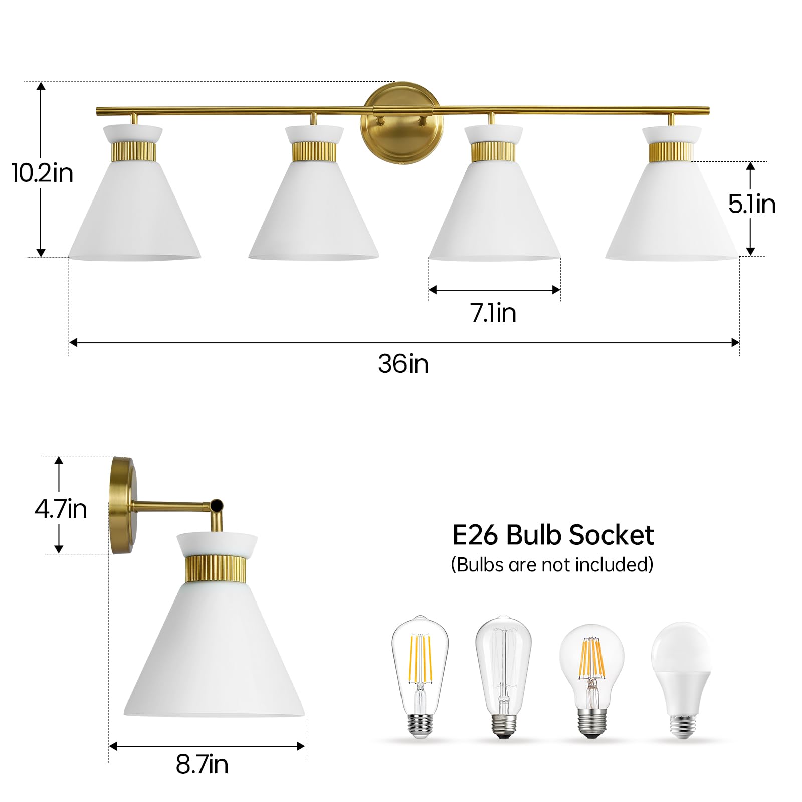 Woshitu Bathroom Vanity Light - 4-Bulb Mid Century Modern Sconce, Brass Gold, Frosted Glass, Metal, Over Mirror Lighting