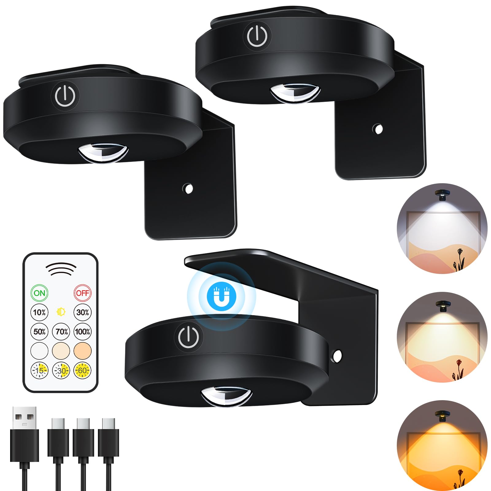 WILLED Picture Lights, 1200mAh Rechargeable, Dimmable & Timer, Narrow Beam, 3000K-6000K, Model WUS008, 3 Pack,
