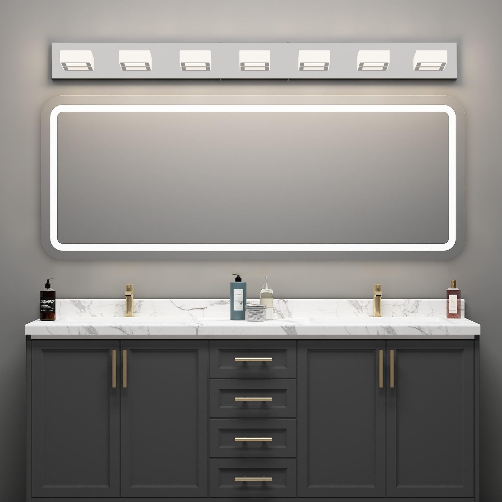 Ralbay 46in LED Chrome Vanity Light, 7 Lights, Stainless Steel, Natural White 4500K, Modern Bathroom Fixture