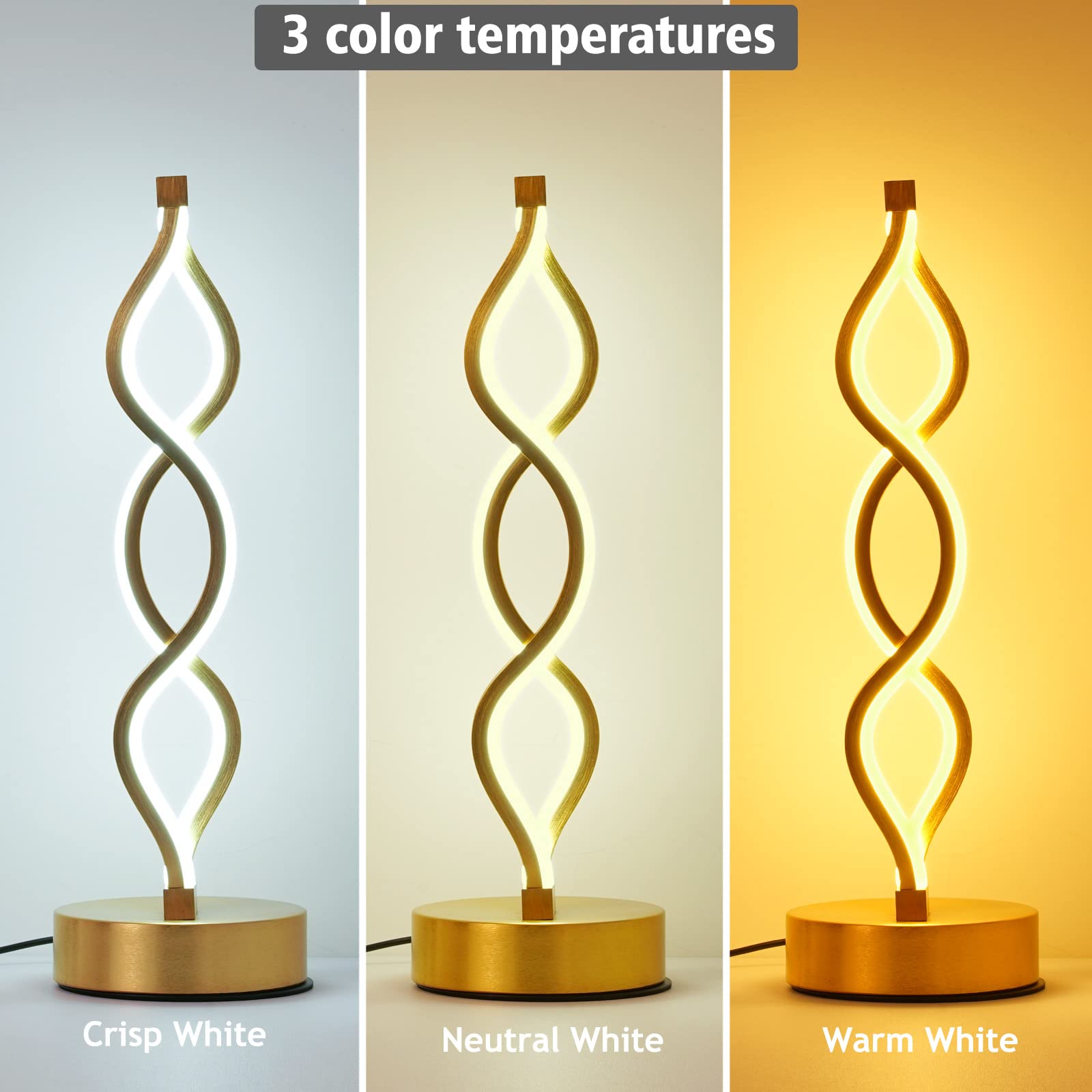 Nur Gold Infinity Spiral Led Table Lamp, Lamps For Bedrooms Dimmable Metallic Bedside Lamp With Touch Controller, 3 Colour Tempe