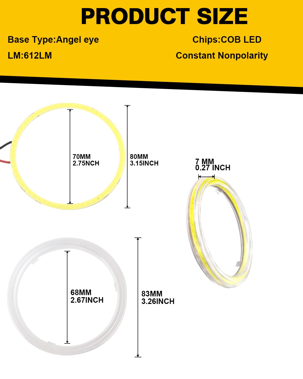 Qasim 2 Pcs White 80MM Car Angel Eyes Halo Rings COB Light Circle Ring LED Fog Light Bulbs DRL Lamp with Plastic Cover 12V 24V