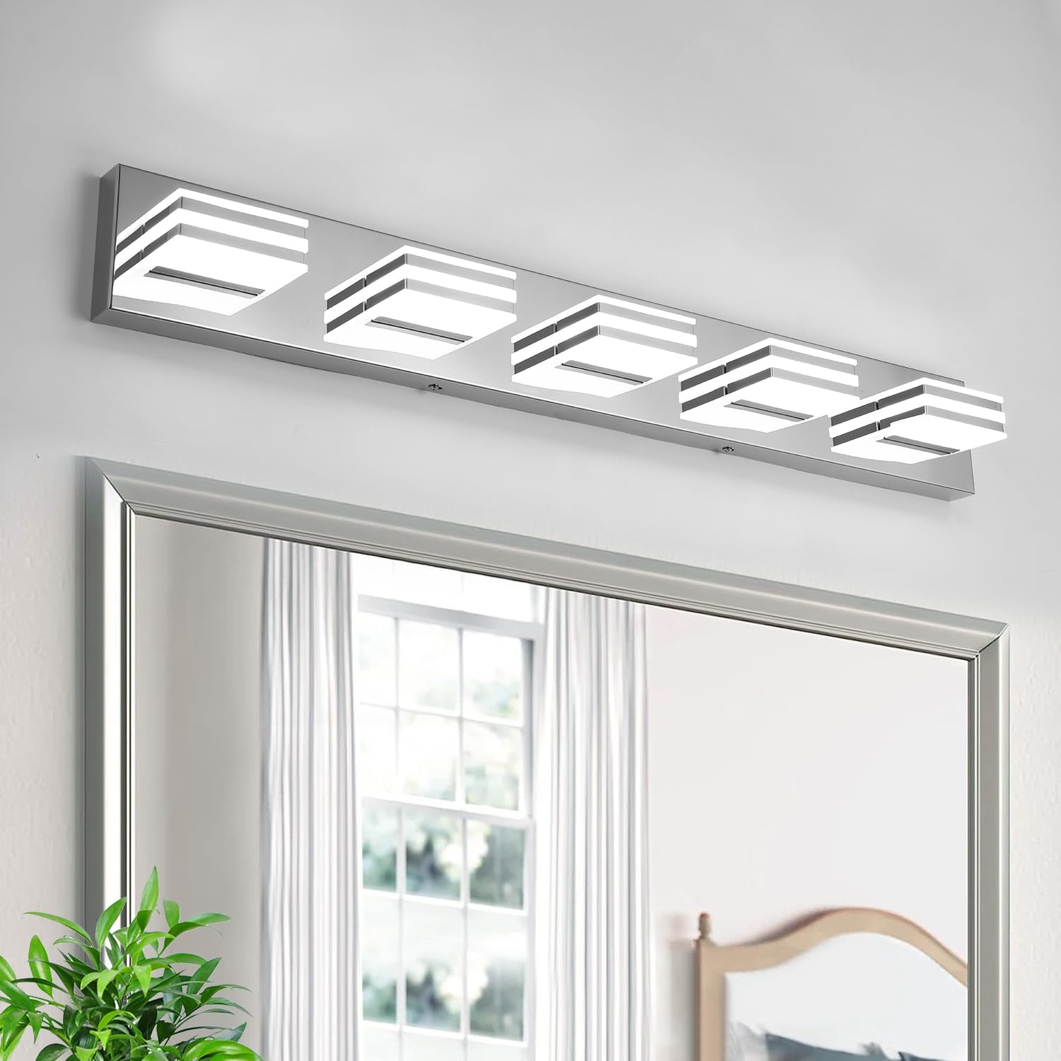 yumcrelect LED Vanity Lighting 5-Light Bath Wall Lamps 34-Inch Chrome Metal Model 6210 Not Dimmable