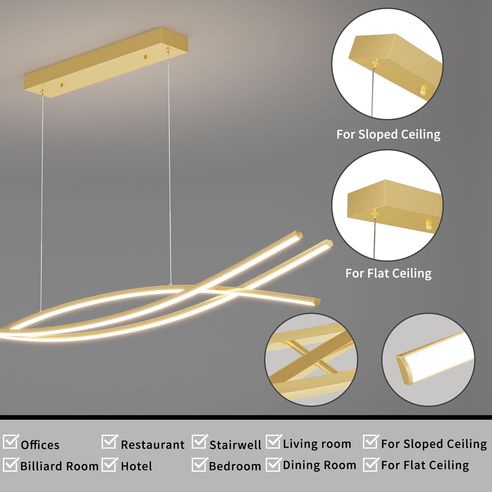 Modern Ceiling Chandelier Light, 39In Gold Pendant Light Fixtures With Remote Control 3000K-6500K Adjustable Color Temperature, Aluminum Island Lighting Lamp For Dining Room, Living Room, Island