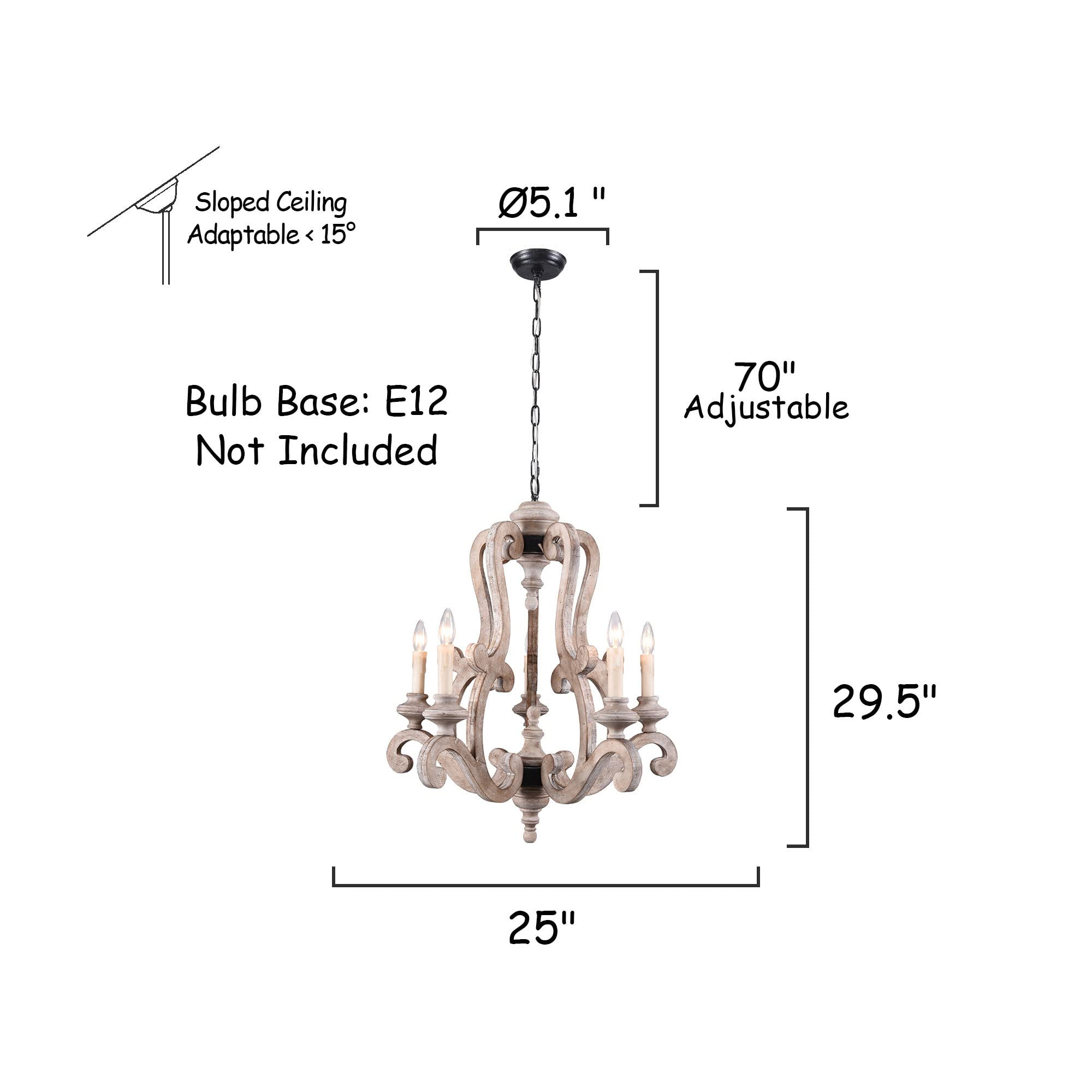 Chords Attic Farmhouse Weathered Wood Chandelier, French Country Empire Pendant Lighting Fixture With 5 Candle Lights, Adjustable Chain, For Kitchen, Dining Room, Foyer, Hallway Etc