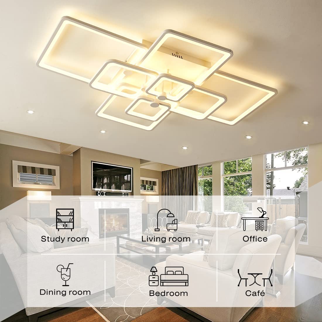 HiHiHomy Modern LED Ceiling Light Fixture, Dimmable 120W, 41.7in, 8 Lights, White, Model FK001