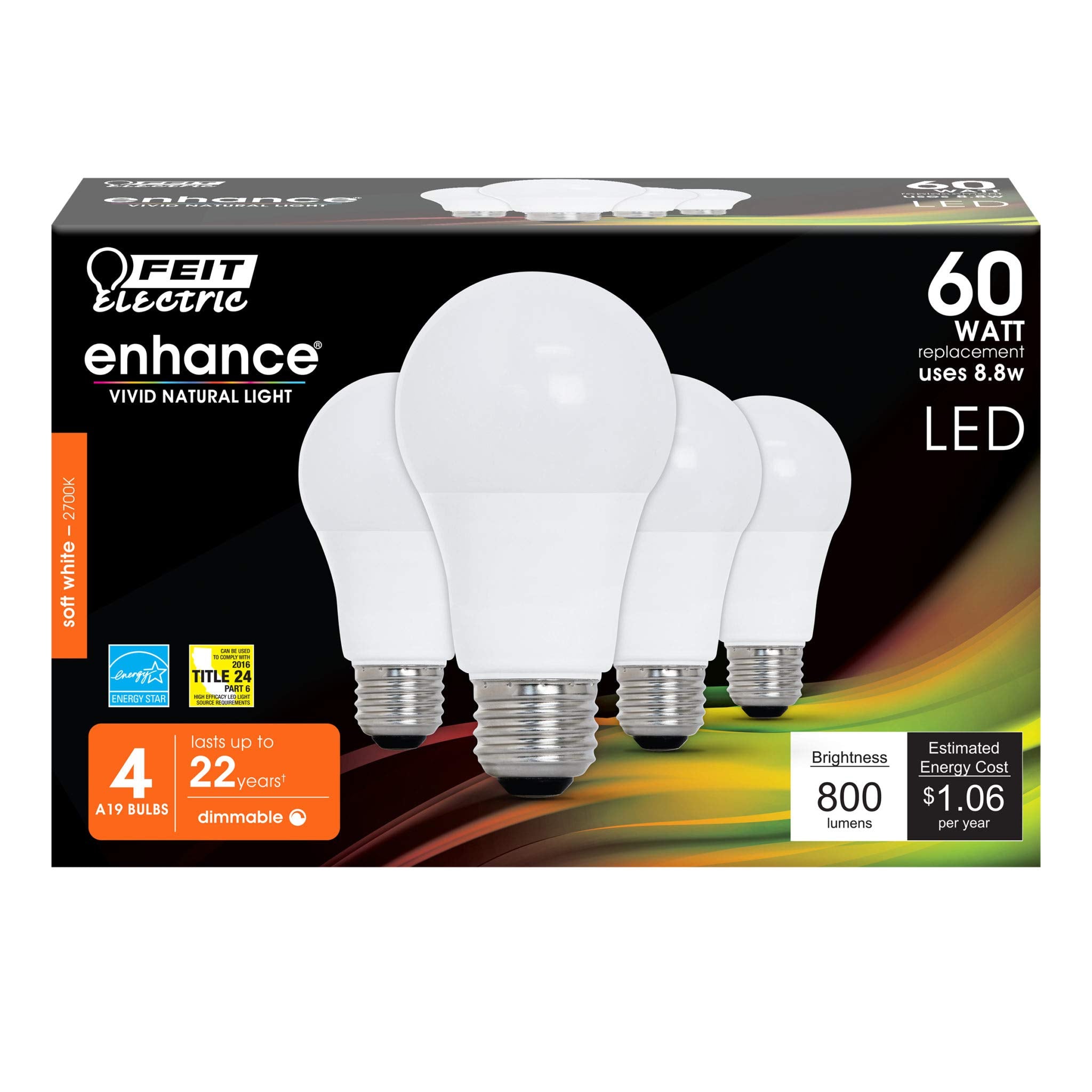 Feit Electric 60W A19 LED Bulb OM60DM/927CA/4 Soft White 2700K
