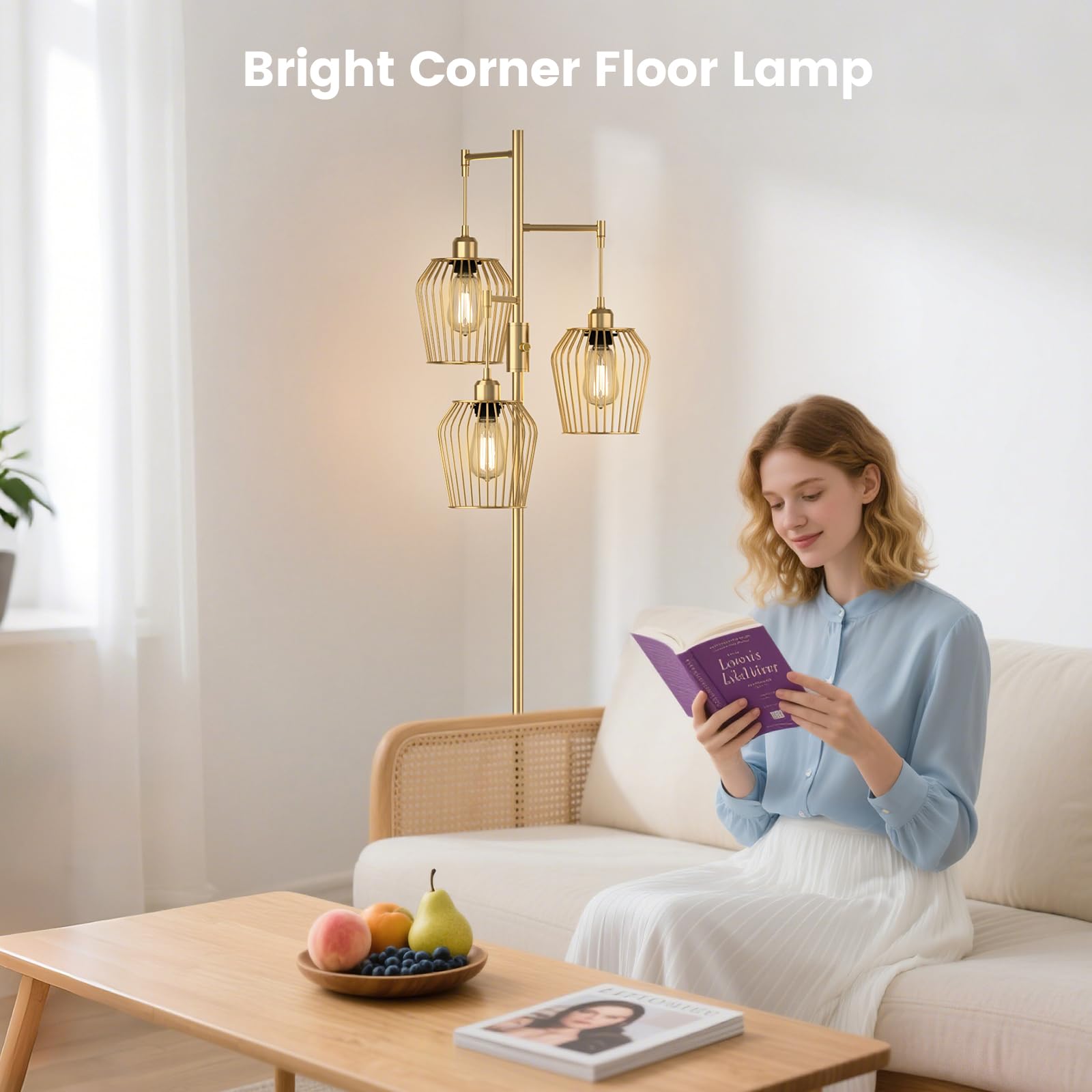 SIBRILLE Dimmable Floor Lamp, Industrial Style with Cage, 3 x 1000LM LED Bulbs, Black, Model BP-F033