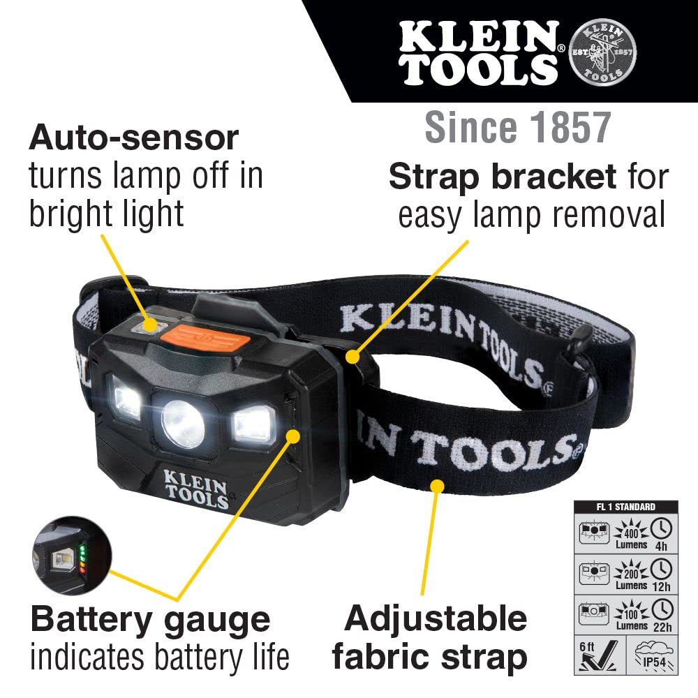 Klein Tools 56048 LED Headlamp, 400 Lumens, Auto-Off, Adjustable Strap, Black