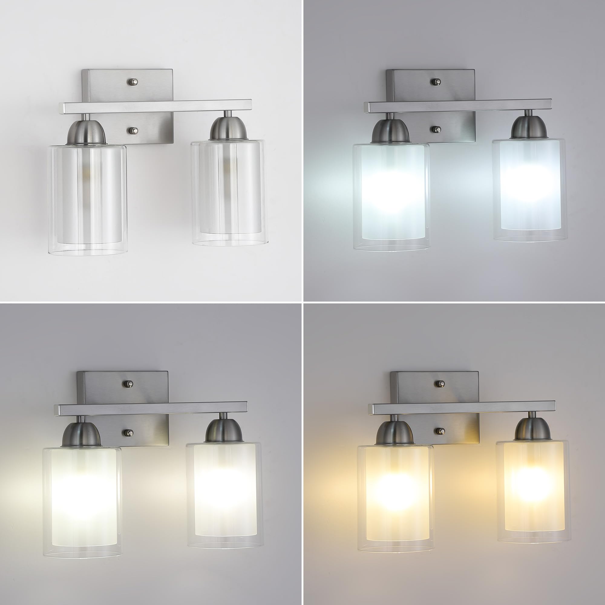 Mecgirn Stainless Steel Bathroom Vanity Light, 2 Light, Brushed Nickel, Milk Glass and Clear Glass Shades, Model B0007-2