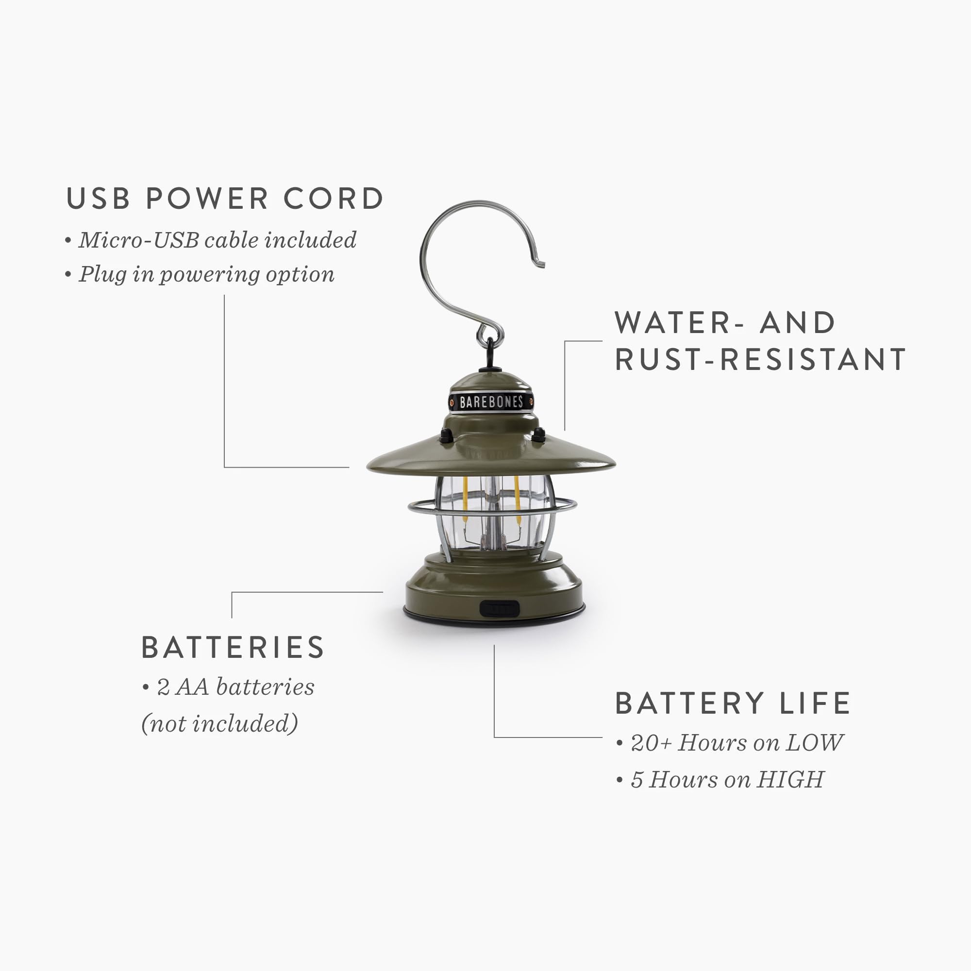 Barebones Edison Mini Lantern - Olive Drab, Vintage LED Camping Lantern with Adjustable Brightness - Compact Weatherproof Outdoo