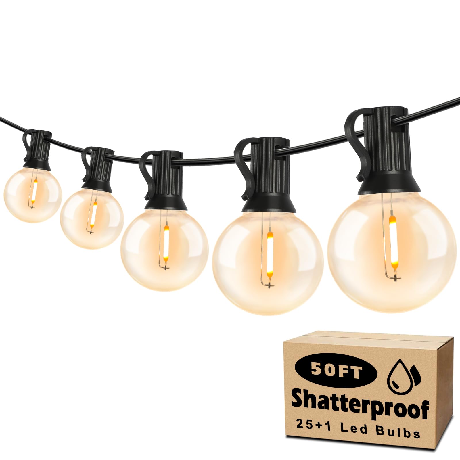 50FT Outdoor String Lights Waterproof, Bright 2700K LED Patio Lights String with 27 G40 Shatterproof Globe Bulbs, Connectable Ed