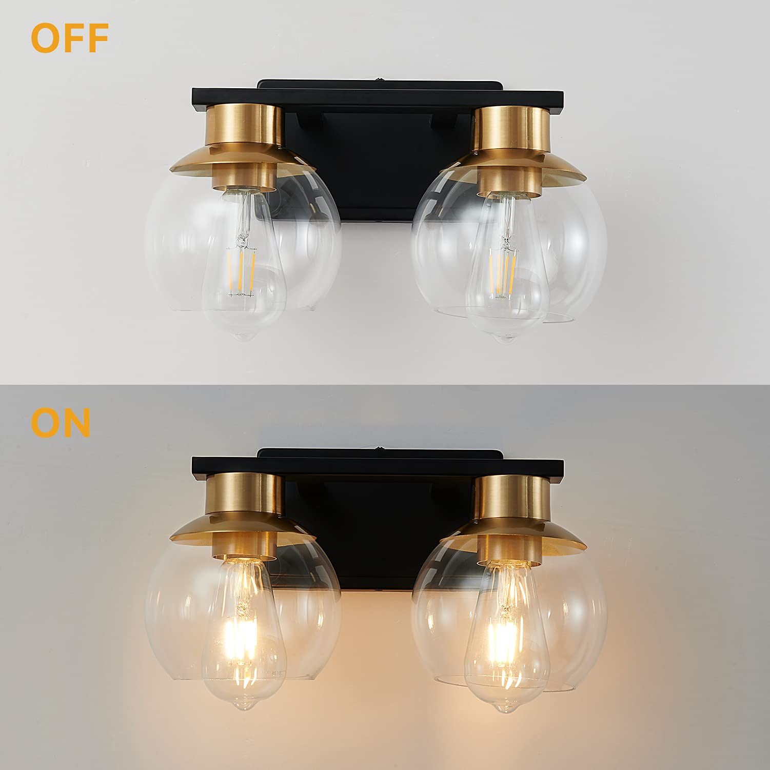 Pazala 2 Light Vanity Lights, Black Gold Bathroom Wall Sconce Light With Globe Glass Shade, Bathroom Light Fixture Over Mirror F