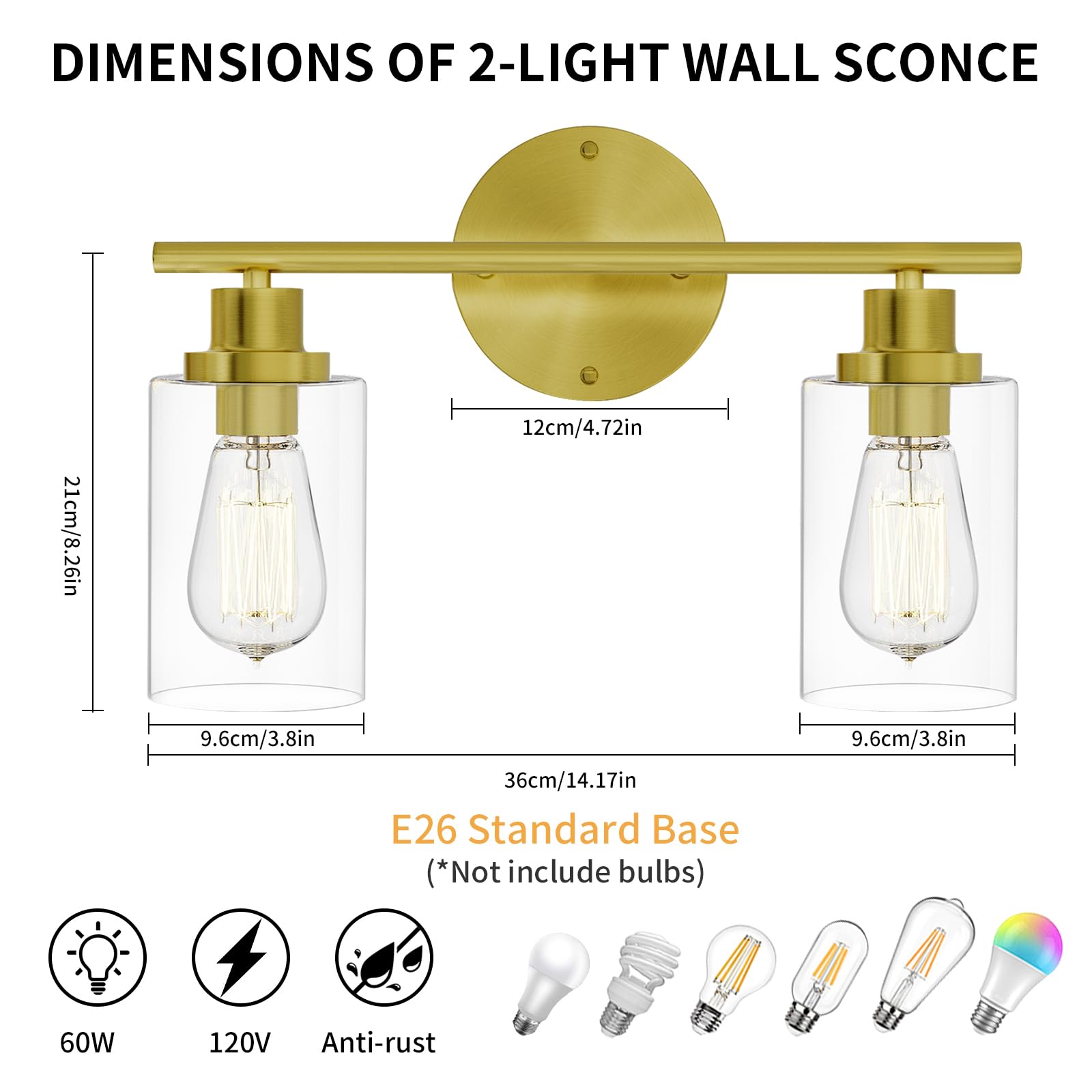 GORDNWE Bathroom Vanity Light Fixtures 2-Light Brushed Gold Metal J0019