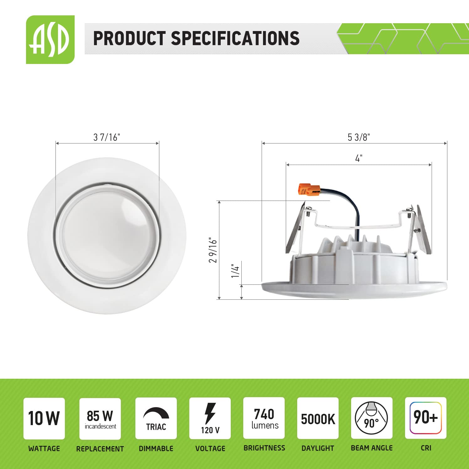 Asd 4 Inch Gimbal Retrofit Led Recessed Lights, Downlight Can 10W (85W Replacement), 740 Lm Dimmable 5000K Daylight, Cri 90, Baf