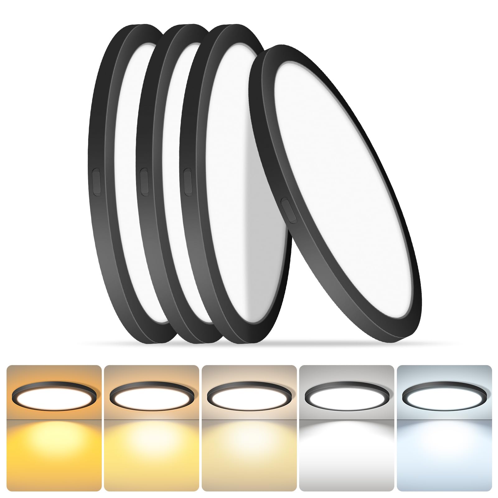 Mw 4-Pack Led Flush Mount Ceiling Light, 7 Inch Round Black Flush Mount Light,14W 120V 5Cct 2700/3000/3500/4000/5000K, Dimmable 