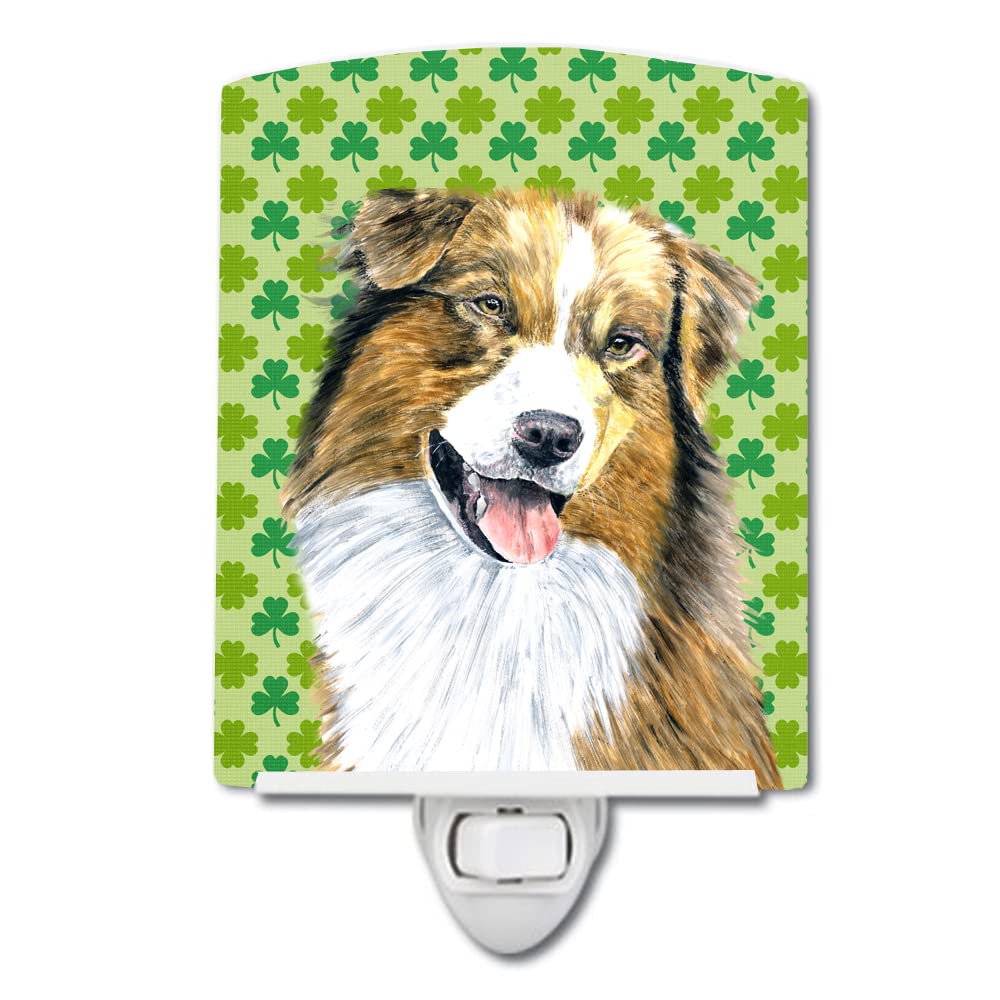 Caroline'S Treasures Sc9317Cnl Australian Shepherd St. Patrick'S Day Shamrock Ceramic Night Light Compact, Ul-Certified, Ideal For Bedroom, Bathroom, Nursery, Hallway, Kitchen, 6X4X3, Multicolor