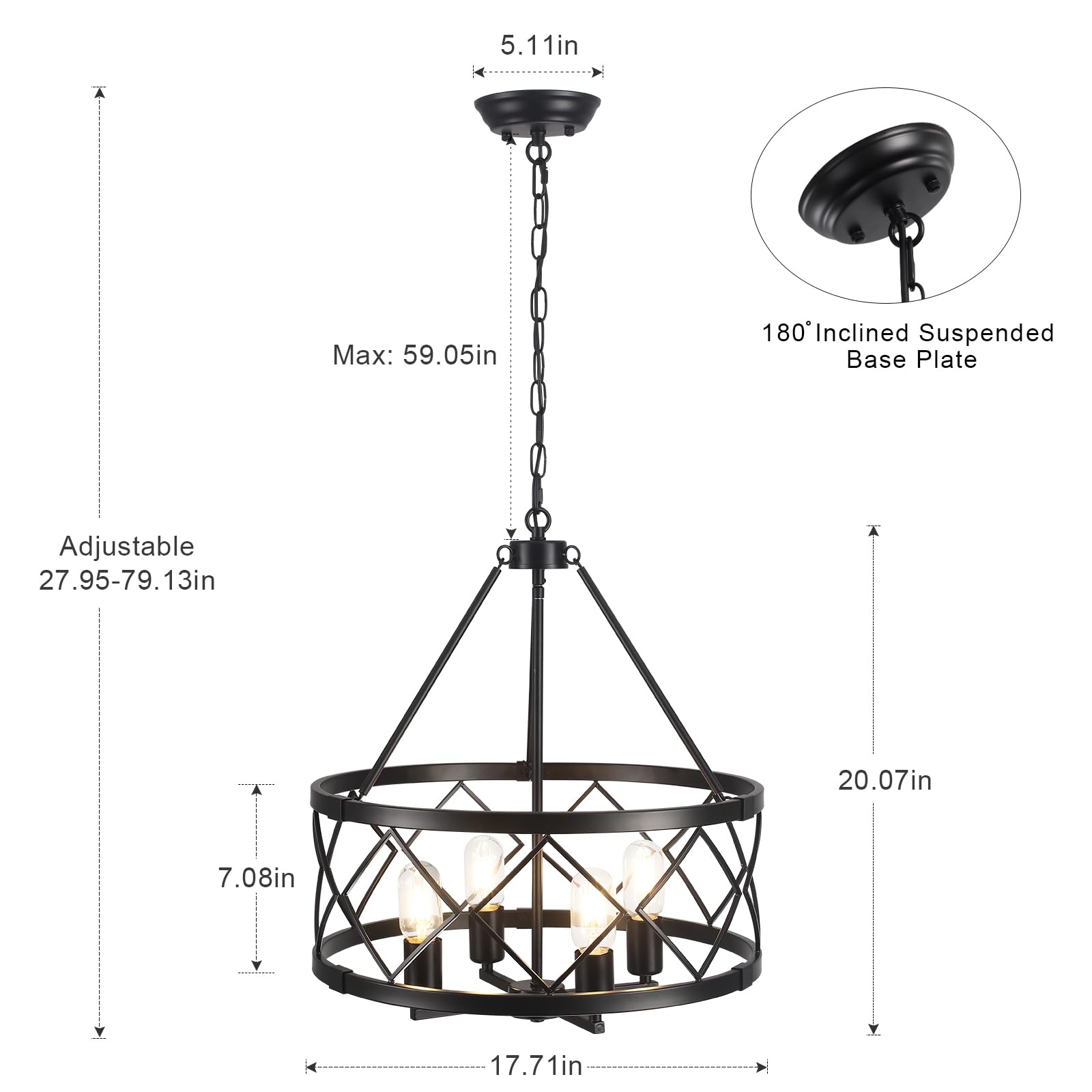 Ljhhowe 17.71'' Farmhouse Rustic Chandelier For Dining Room Light Fixture Ceiling Mount 4 Lights Adjustable Black Kitchen Island