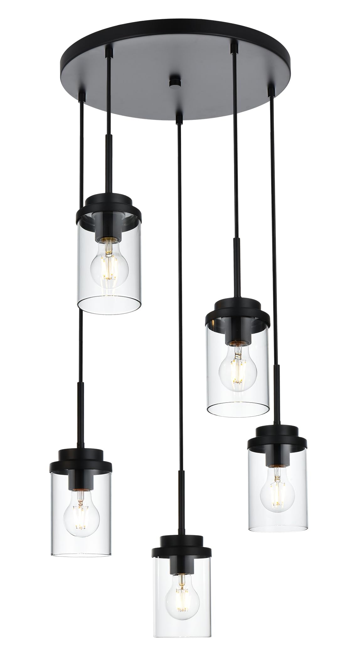 MELUCEE 5-Light Pendant Light Fixture, Black Metal with Clear Glass Shade, Modern Chandelier for Kitchen Island, Model 4-4501-5RD-BL