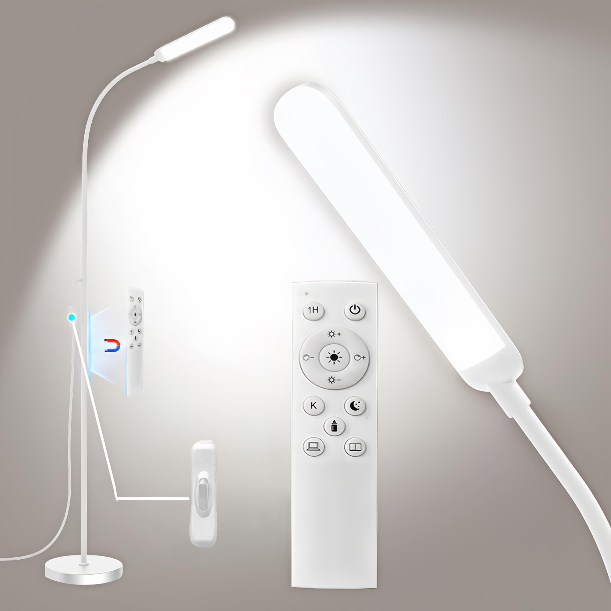 White Led Floor Lamp, 18W 1800Lm Super Bright Dimmable Floor Lamps For Living Room Bedroom With Timer, Stepless Adjustable 2700K