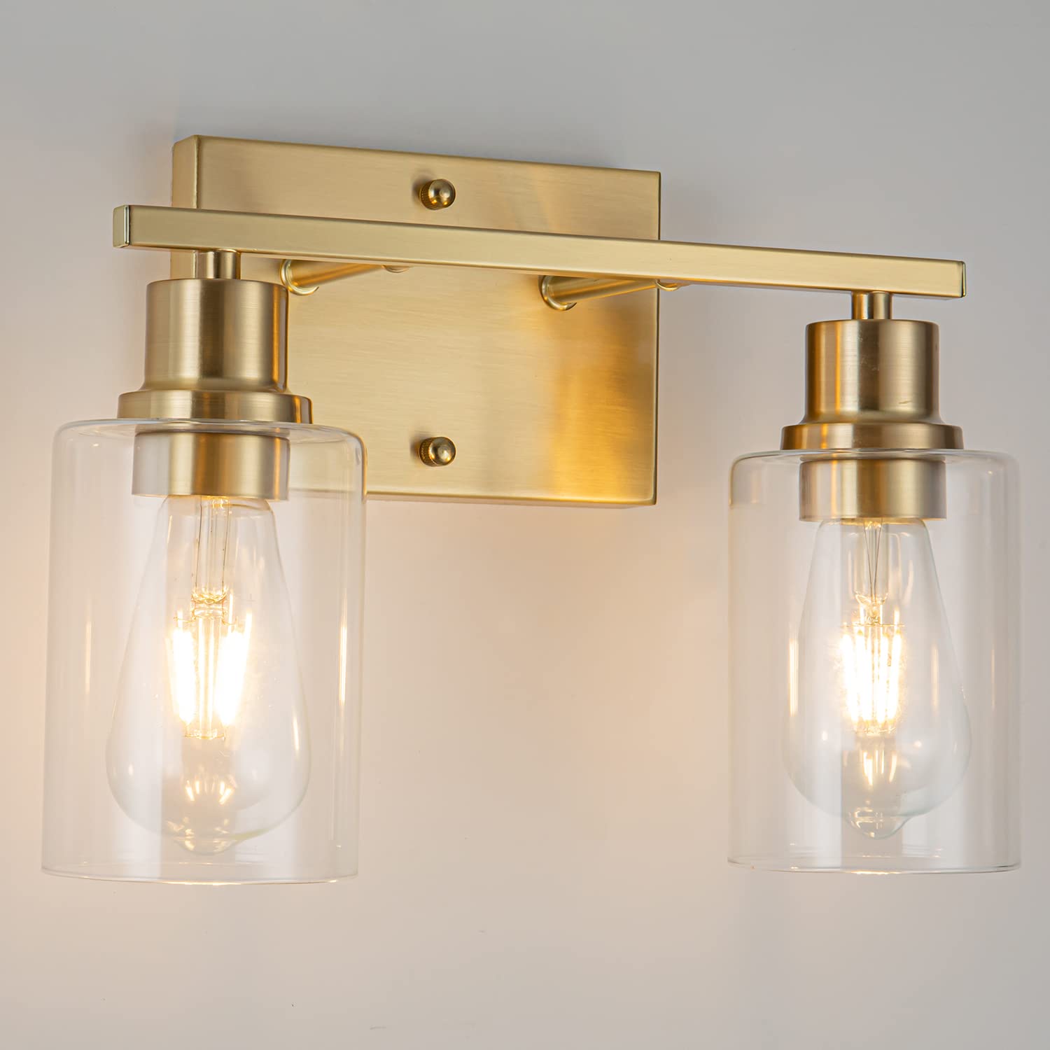 Filimitiy 2-Lights Gold Bathroom Light Fixture, Brushed Brass Vanity Light With Clear Glass Shade, Modern Bath Wall Lights For L