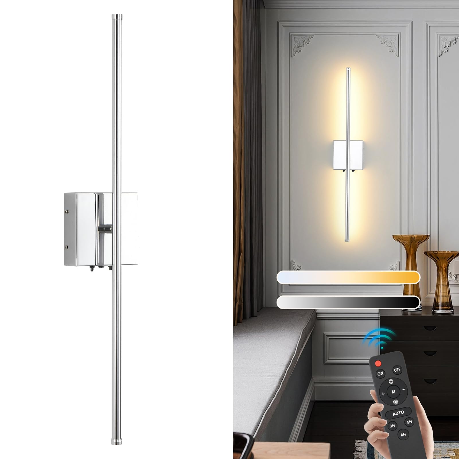 KELUOLY LED Wall Sconce, 11000mAh Rechargeable, Remote Control, Dimmable, 3 Color Temperatures, Chrome, 1 Pack, Model XY-Y312