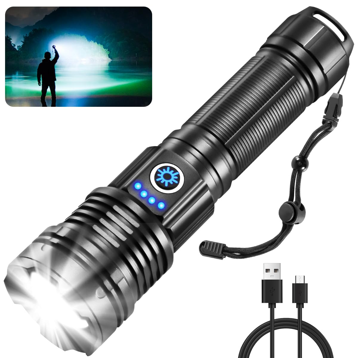 WopkDupk Super Bright Flashlights High Lumens, 1000000lm Rechargeable Flashlights, 5Mode LED Flashlight, Adjustable Focus Tactic