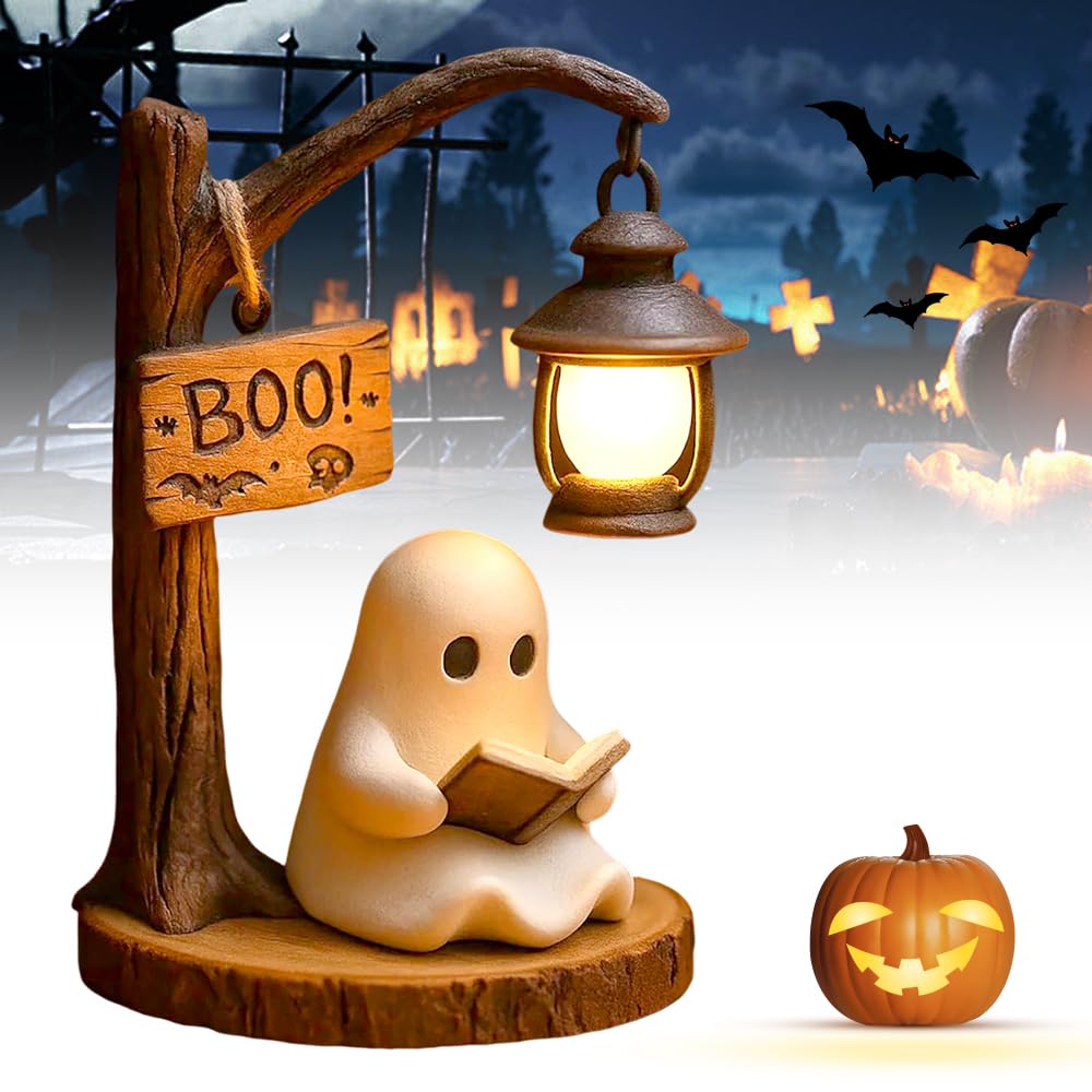 Ghost Reading Book Lamp, Cute 3D LED Night Light with Warm Glow - Resin Spooky Cute Ghost Lamp for Bedroom, Desk Home Decor, Gif
