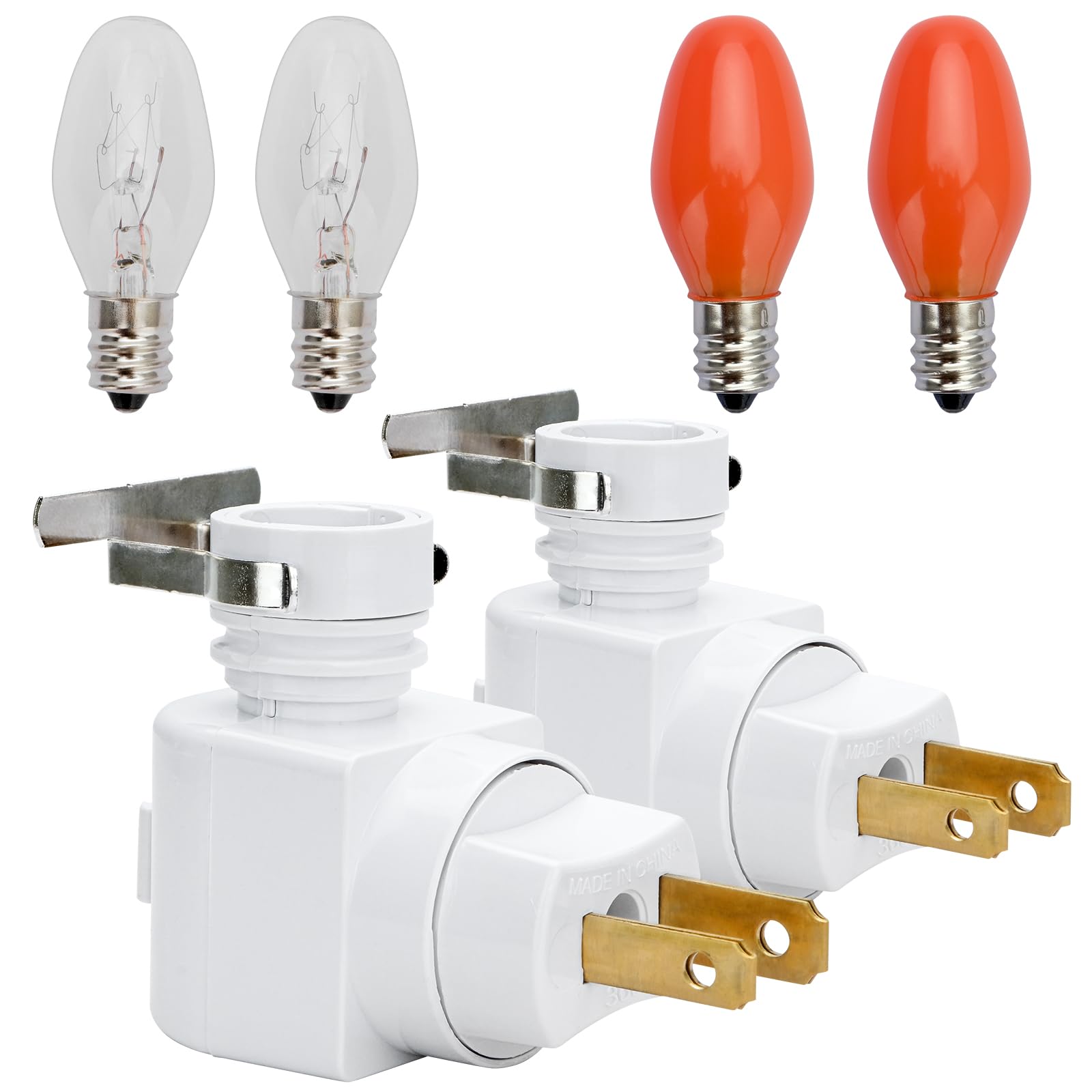Qvqcwd Plug In Night Light Plug With On/Off Switch And Metal Clip,Inculdes 2 7Watt C7 Clear Bulb And 2 7Watt Orange Bulb