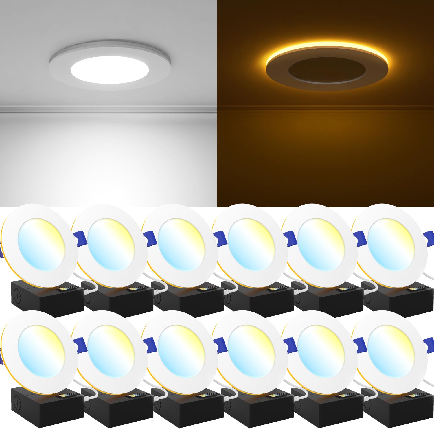 Sunco 12 Pack 4 Inch Ultra Thin Led Recessed Ceiling Lights Slim With Night Light, 900 Lm, Selectable Cct 2700K/3000K/3500K/4000K/5000K, Dimmable, 11W, Canless With Junction Box