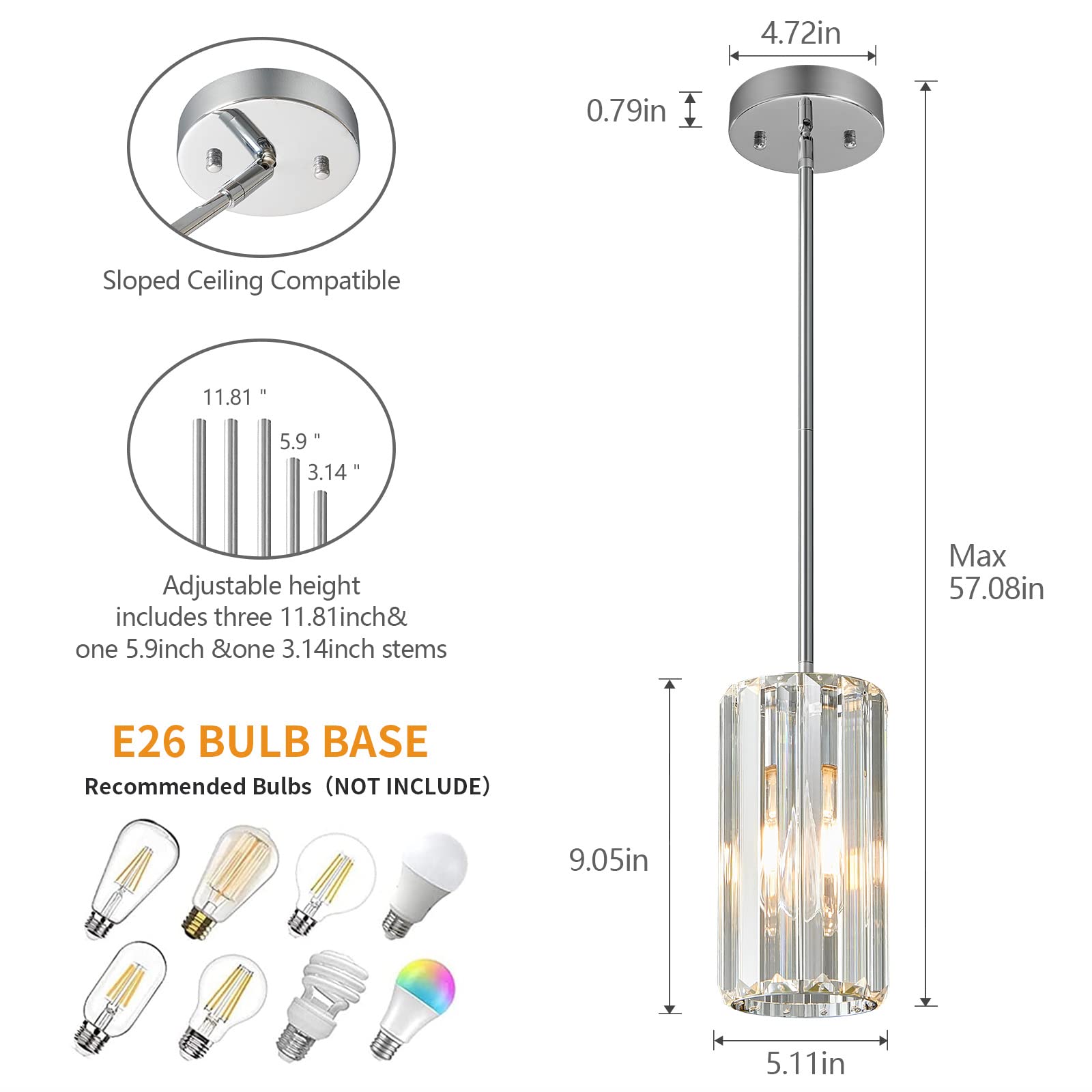 Zhllmq Chrome Pendant Lighting Modern Pendant Light Mini Crystal Chandeliers Adjustable Pendant Light Fixture For Kitchen Island Dinning Room Corridor Bedroom(Chorme 2-Pack)