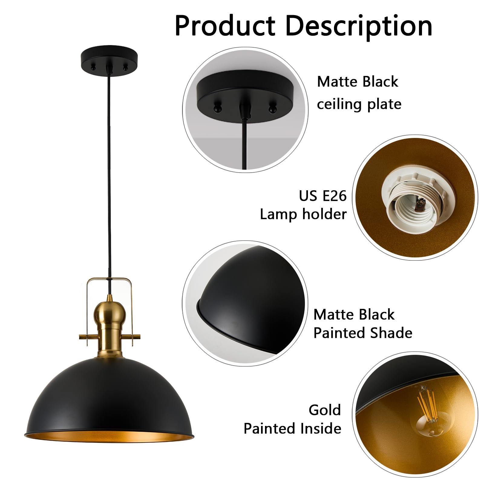 ALAISLYC 12 Inch Black Farmhouse Pendant Light, Metal Vintage Dome Fixture, Adjustable Height, 1-Pack