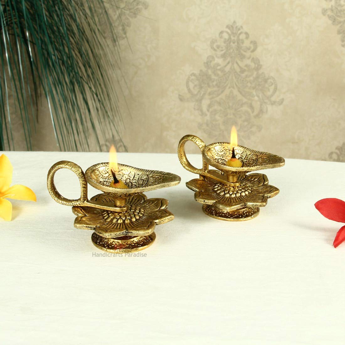 Handicrafts Paradise Antique Gold Plated Metal Diya Pair, 3X3 Inches, Golden, Model Oxm18145