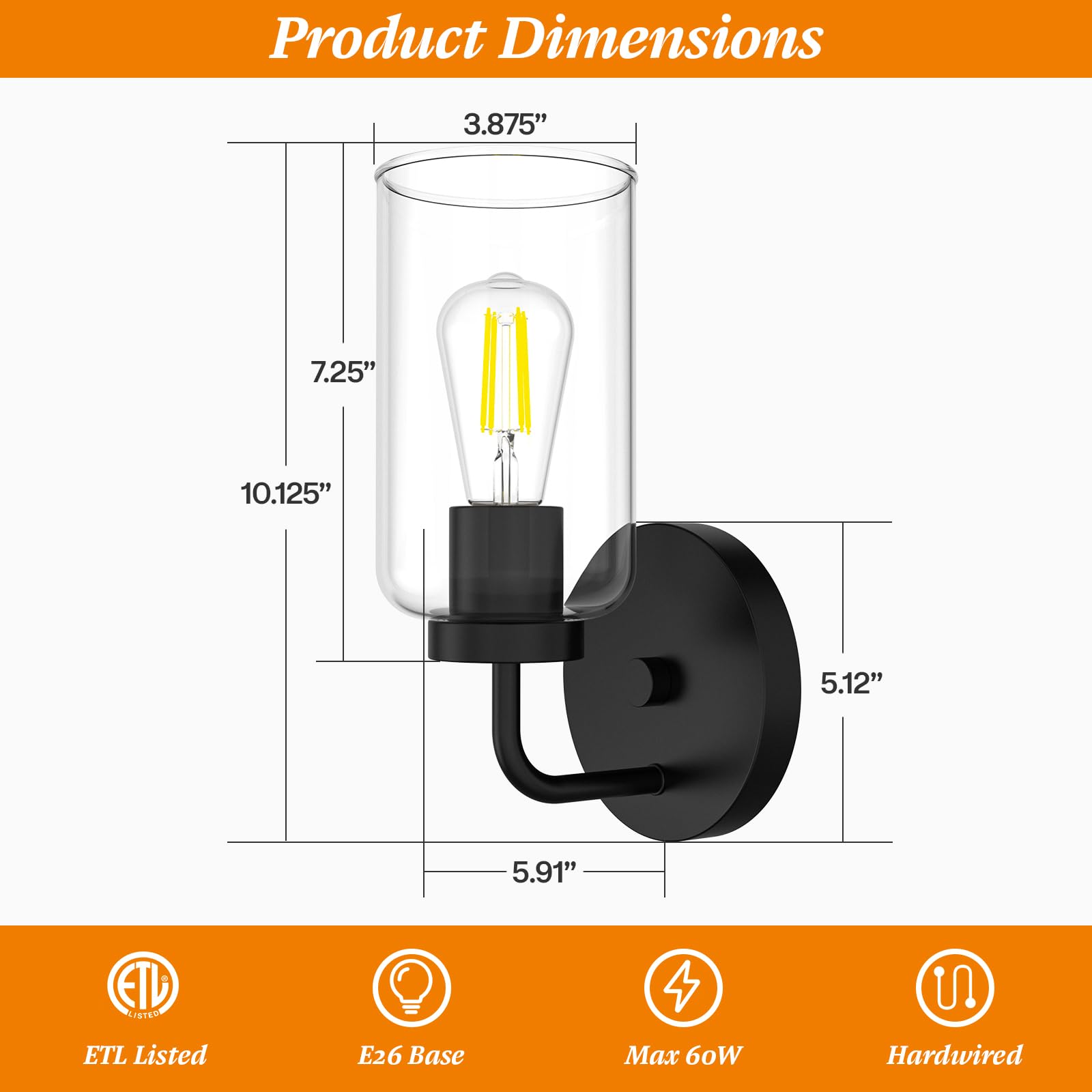 Zevluck Wall Sconces Set Of 2 - Modern Black Metal Light Fixtures With Clear Glass Shade For Bathroom, Bedroom, Living Room, Hardwired