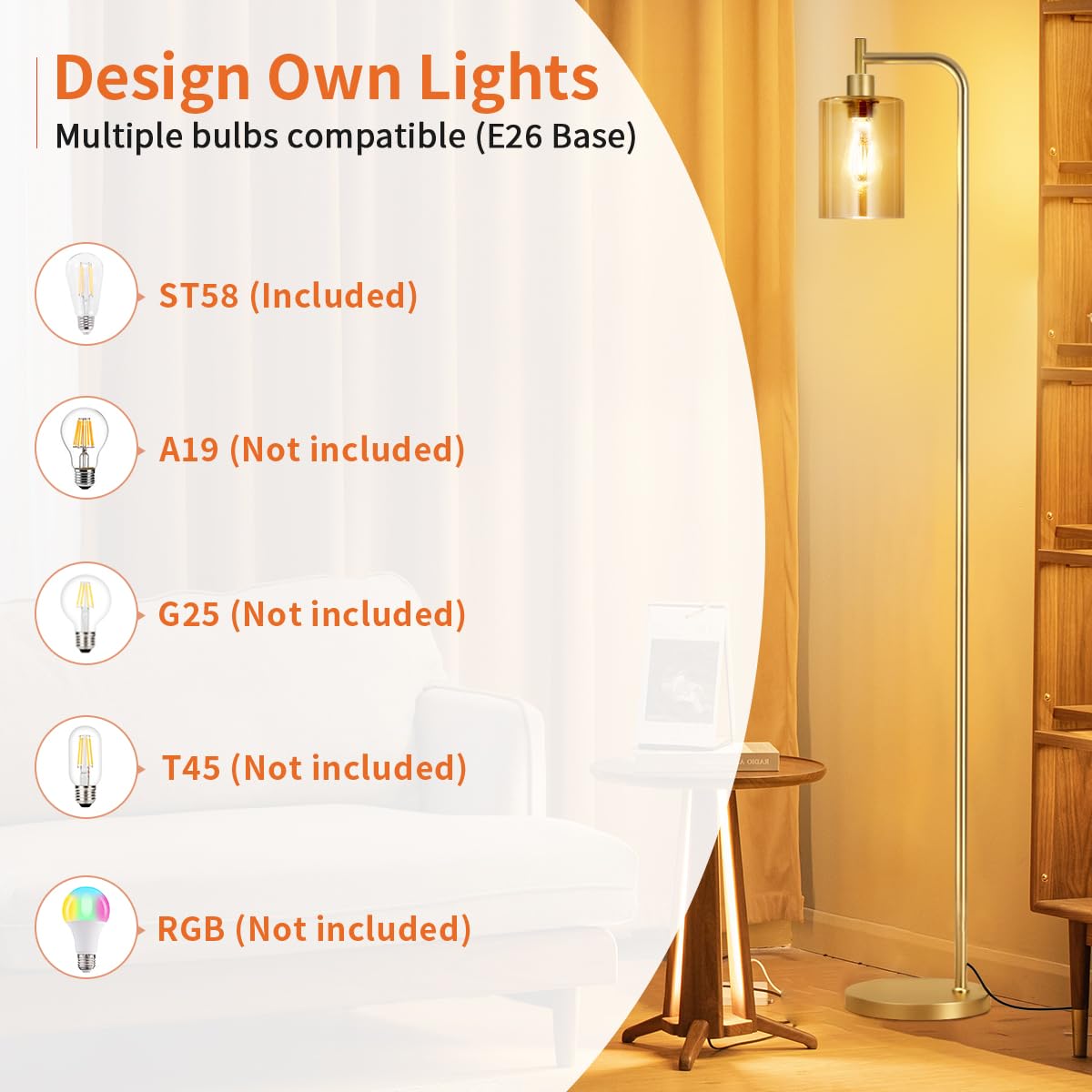 Ziisee Floor Lamps For Living Room - Gold Standing Lamp With Amber Glass Shade, Modern Floor Lamp With Led Bulbs, Bright Industrial Floor Lamp For Bedroom, Farmhouse Tall Lamp For Office