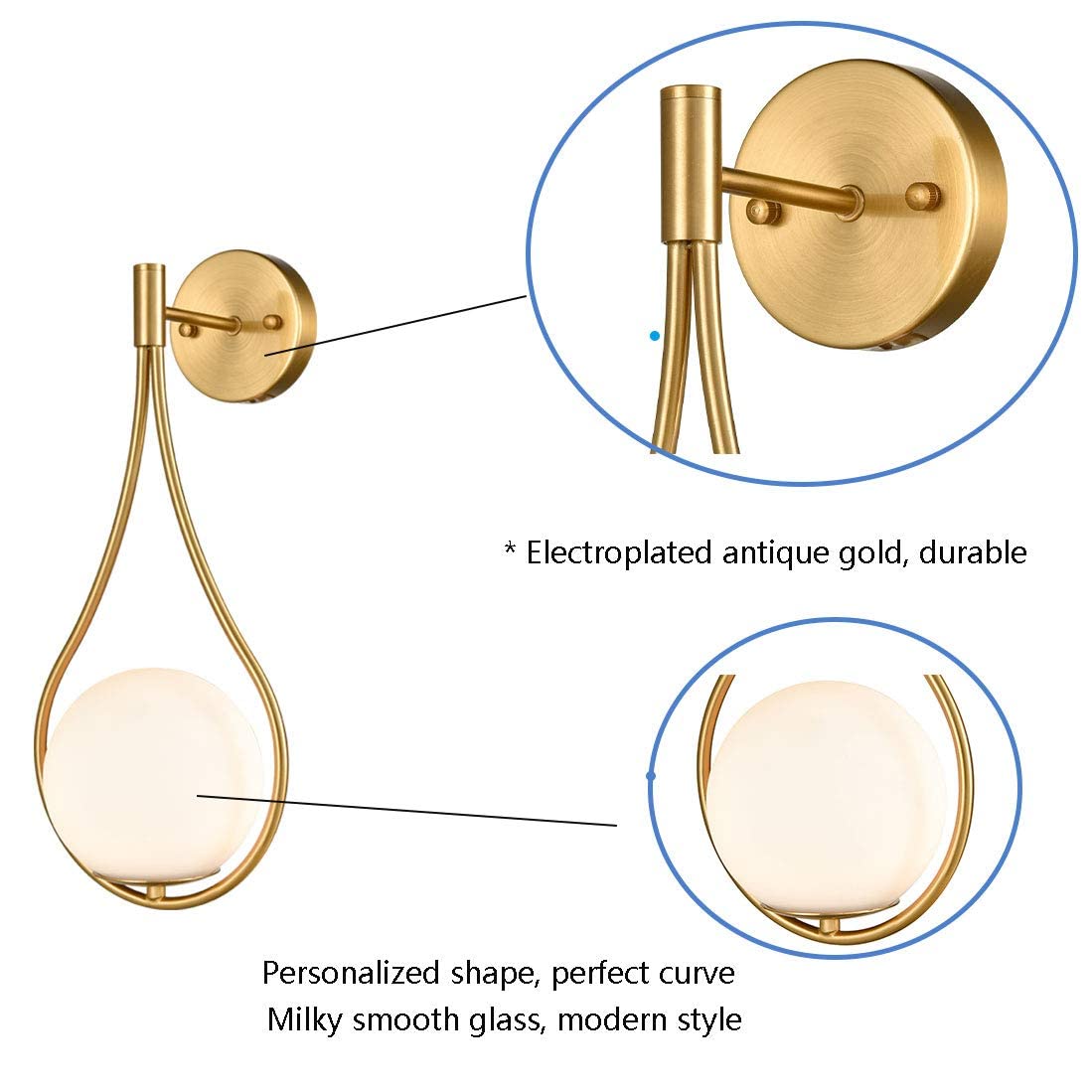HOLKIRT Mid-Century Modern Wall Sconces Brass 2 Pack Glass Vanity Light Fixture B3070BU