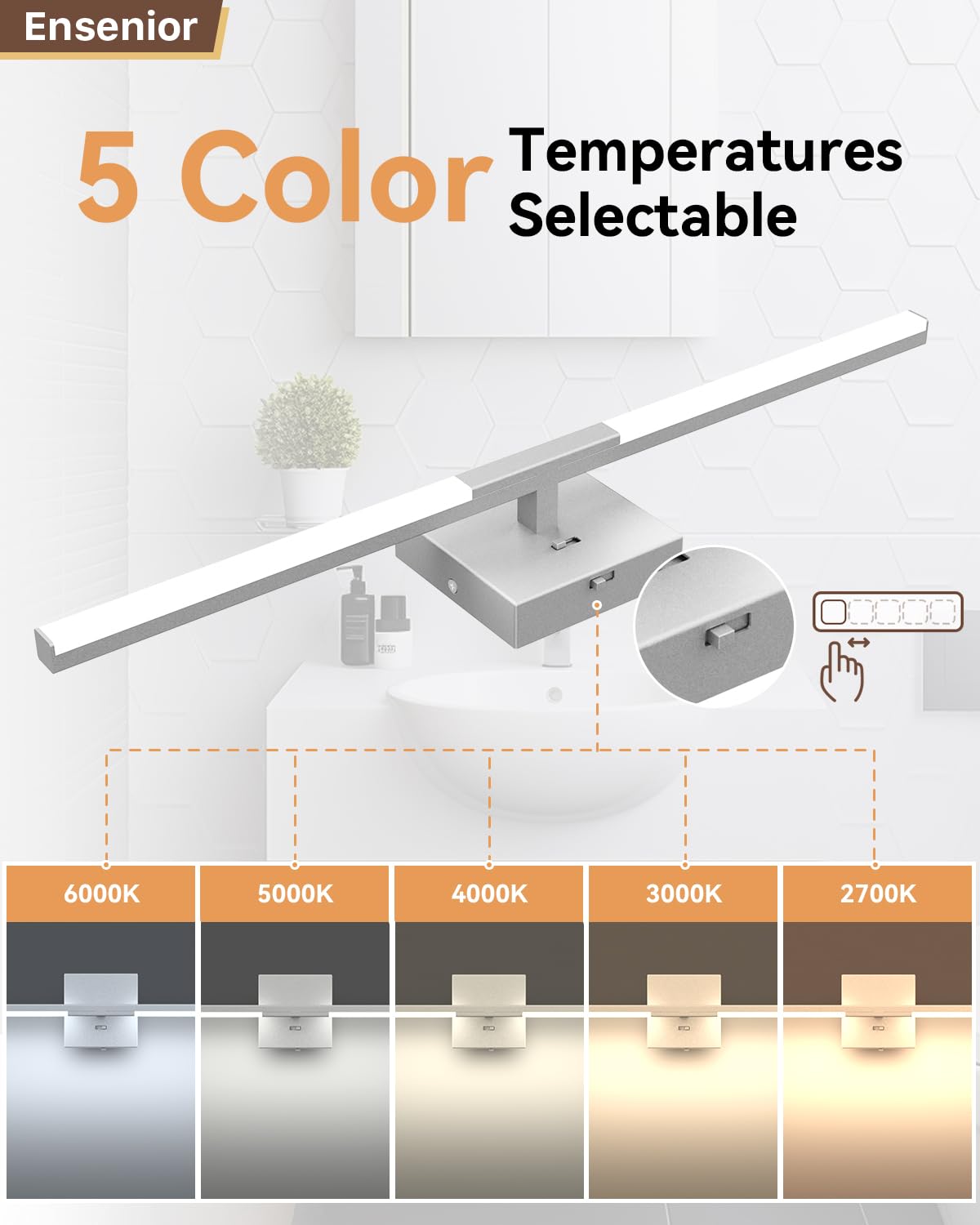 Ensenior Modern Bathroom Vanity Light 24 Inch, Built-In Dimmer, 13W Dimmable 5Cct Led Bathroom Light Fixture Over Mirror, Silver