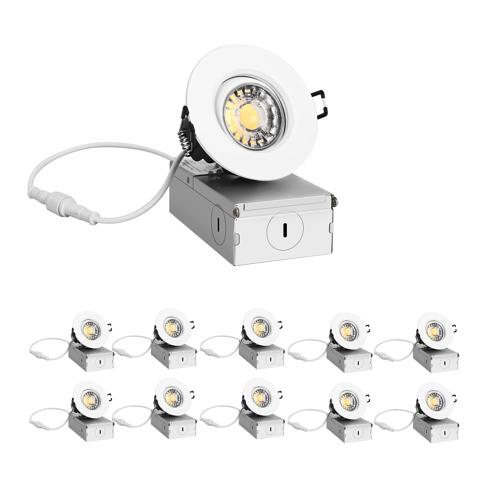 ZYC LED Recessed Lights 3 Inch 10 Pack Dimmable 8W 5 Color Options White Gimbal Model G-10P-3R ETL Listed