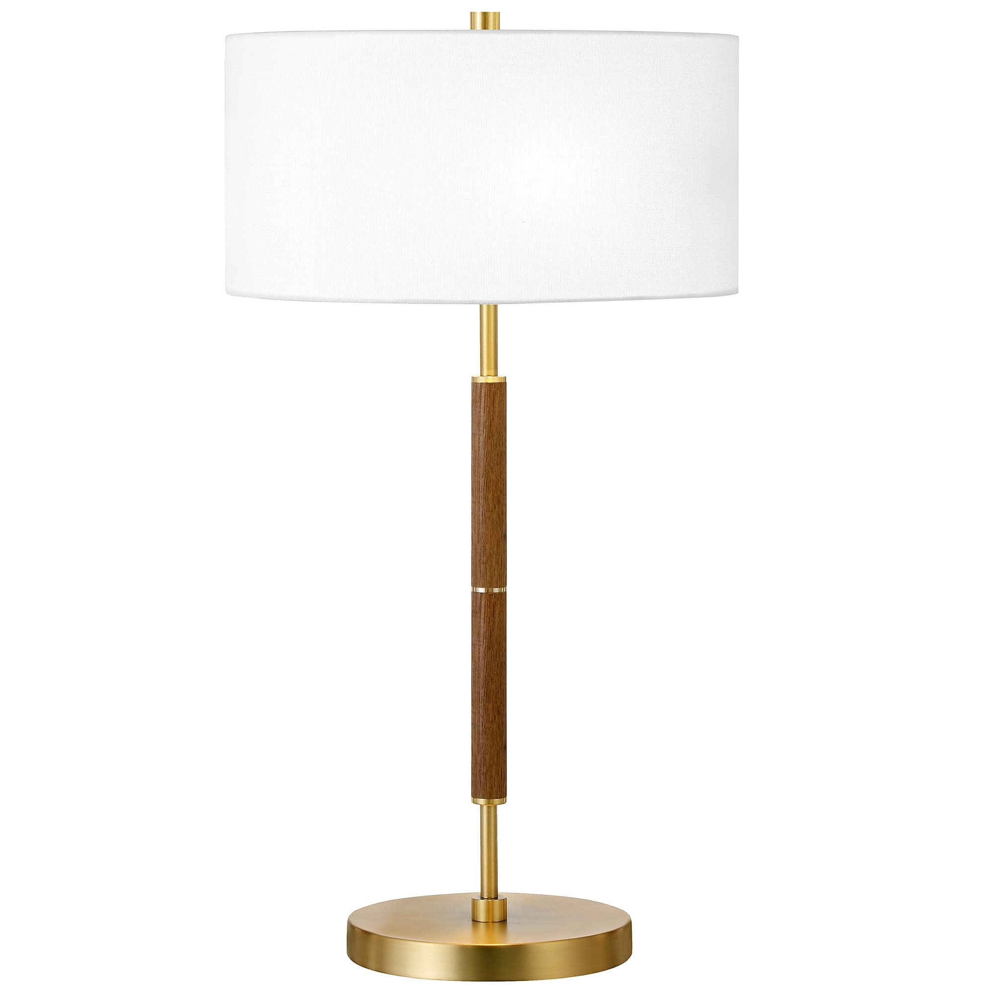 Henn&Hart 25 2-Tone Modern 2-Light Table Lamp with White Fabric Drum Shade for Living Room, Bedroom, or Office, Medium Oak/Gold