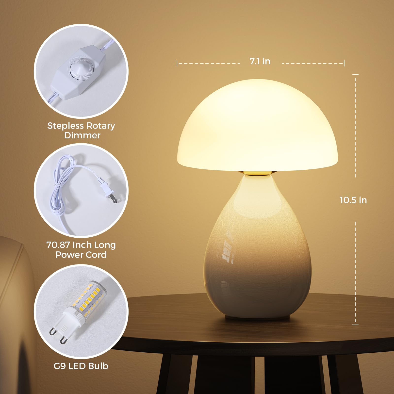 Mushroom Lamp  Vintage Small Table Lamp For Bedroom  Ice   Ceramic Led Night Light For Kids  Mid Century Modern Bedside Lamp For Nightstand  Living Room  Home Decor Gift Ideas For Women  Ivory