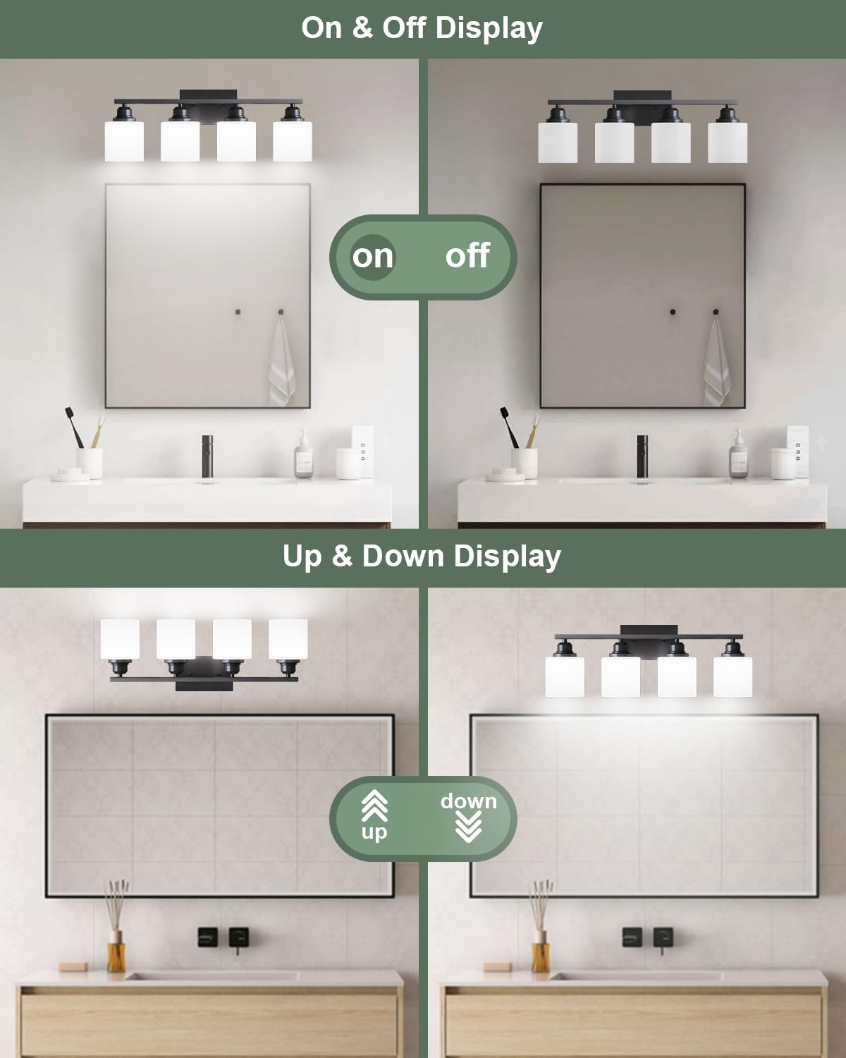 Sailstar Vanity Light Fixtures, 4-Light Matte Black Modern Bathroom Light, E26 Sockets, Anti-Rust Finish, Model CP-JQD-F-001