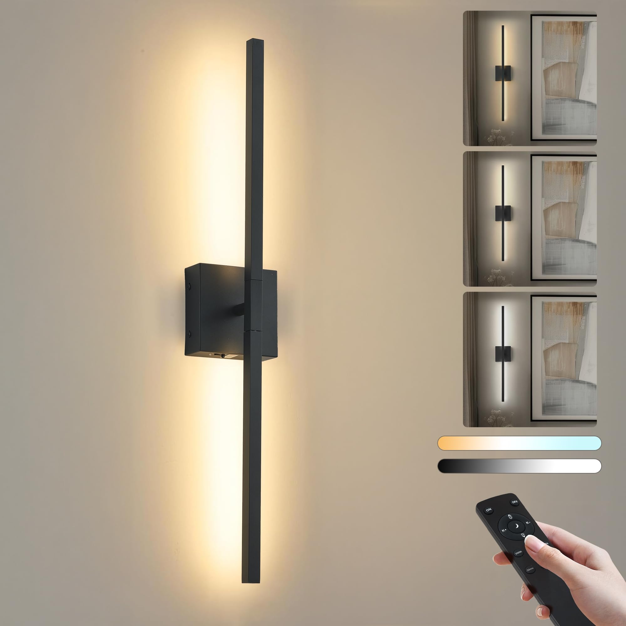 KARTOOSH 1 Pack Wireless Wall Sconce Battery Operated Rotatable Modern Wall Lamp with Remote Control, Adjustable Light Color & B