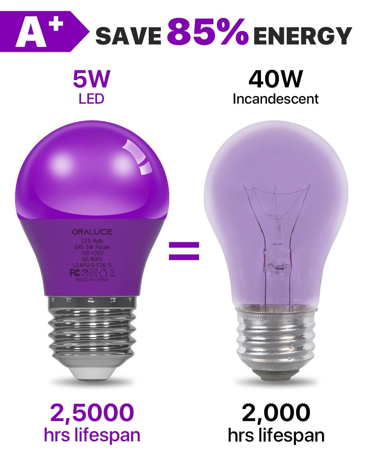 ORALUCE A15 LED Purple Porch Light Bulbs, 5W 450LM Non-Dimmable, E26 Base, 40 Watt Equivalent, 6 Pack for Halloween & Christmas Decor