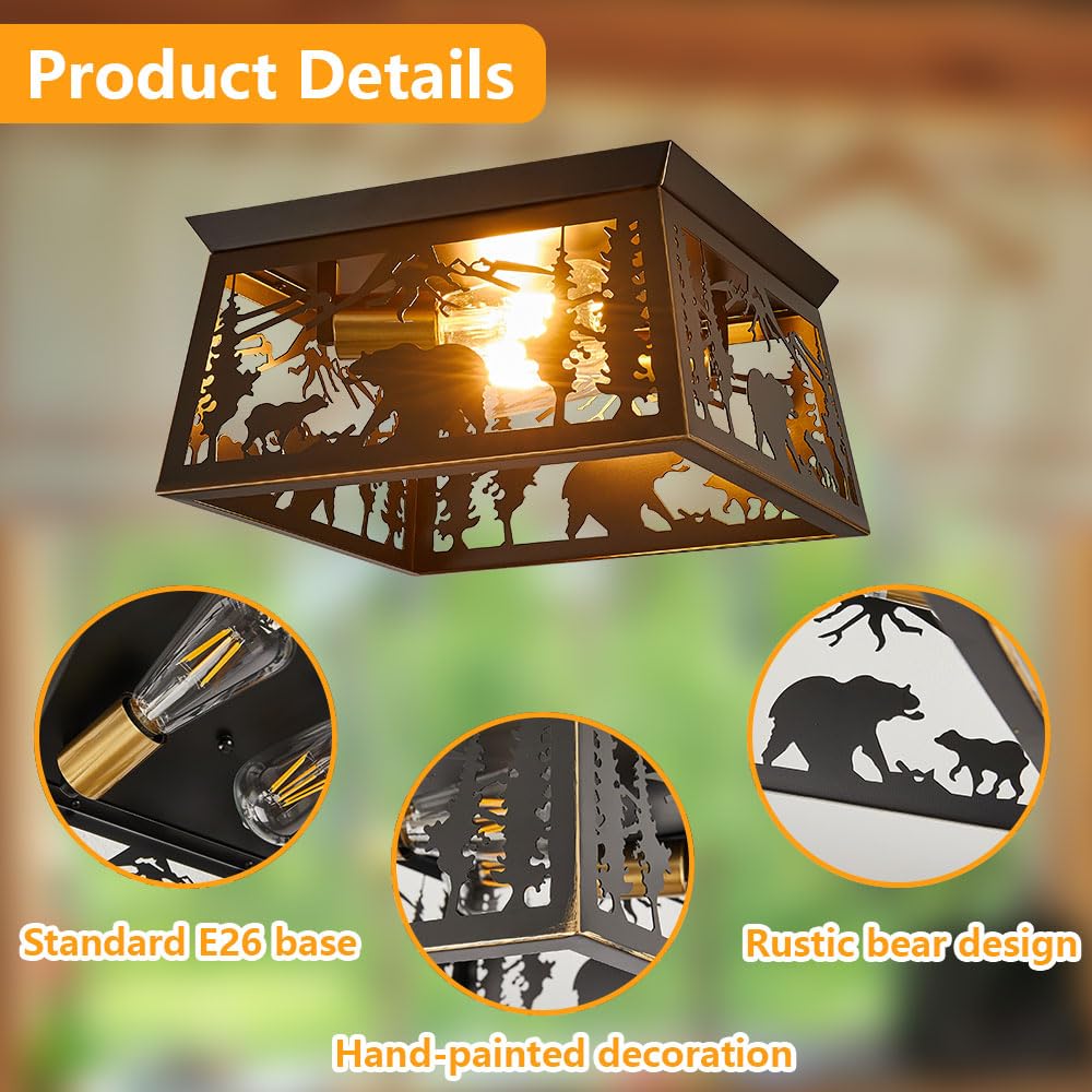 Rustic Light Fixture, 2-Light Farmhouse Flush Mount Ceiling Light Fixture, Metal Bear Country For Bedroom Foyer Entryway Hall Li