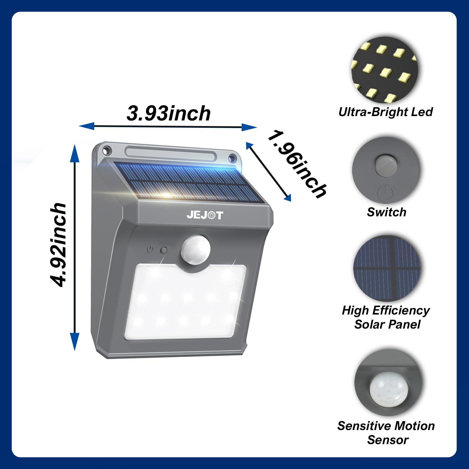 JEJOT Solar Motion Lights 6 Pack, 270° Wide Angle, 3 Modes, Waterproof, 4.9x3.9x2.0 inch, Gray, Model 5