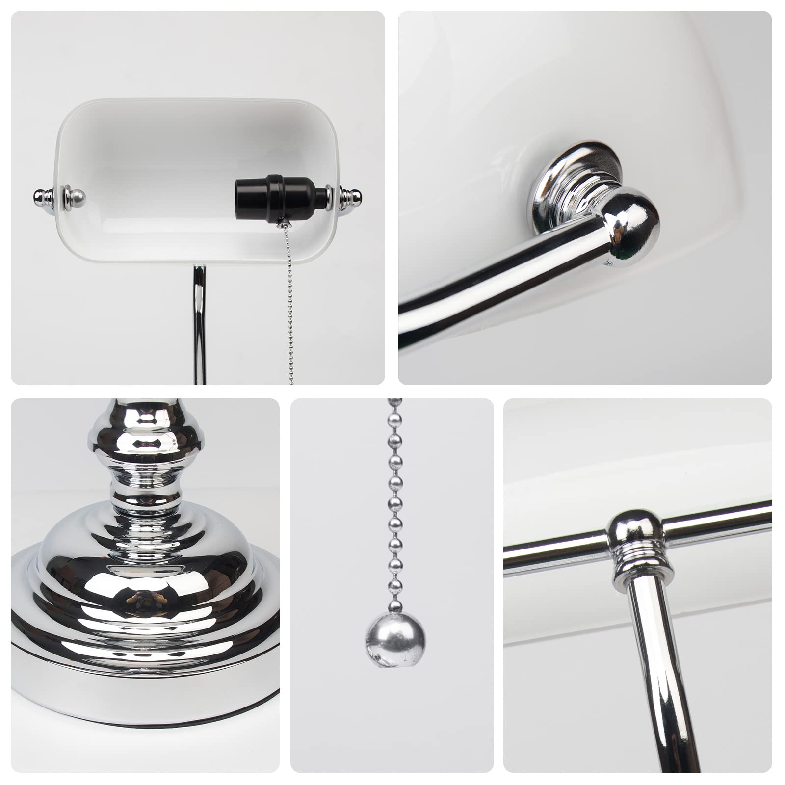 FIRVRE Bankers Desk Lamp T9007U-GW, Vintage White Glass Shade with Pull Chain for Office and Study Room