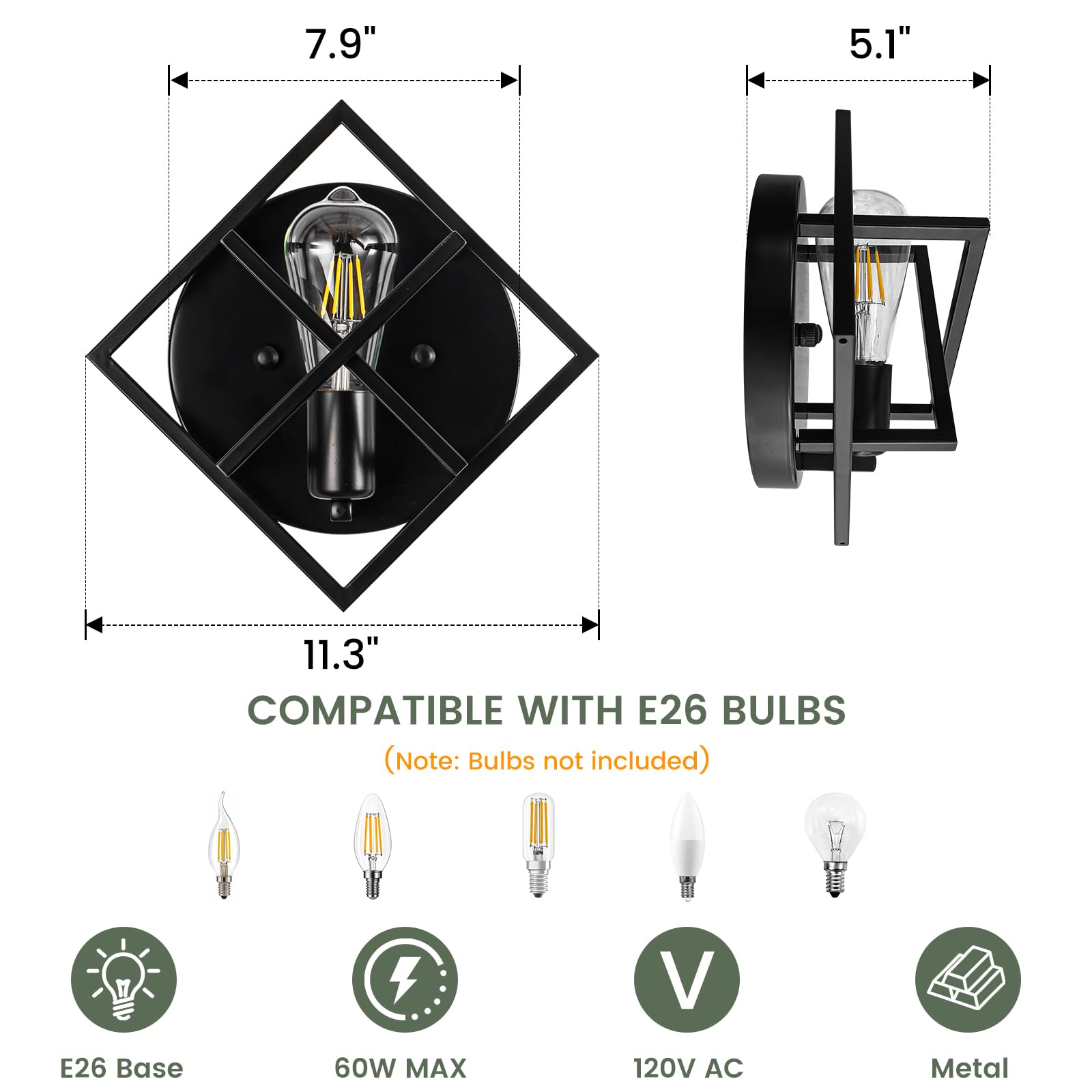 fengkeDU Farmhouse Wall Sconce, Rustic Black Metal Indoor Light Fixture, 11.3in, E26 Base, 1 Pack, Model B2367/1BL