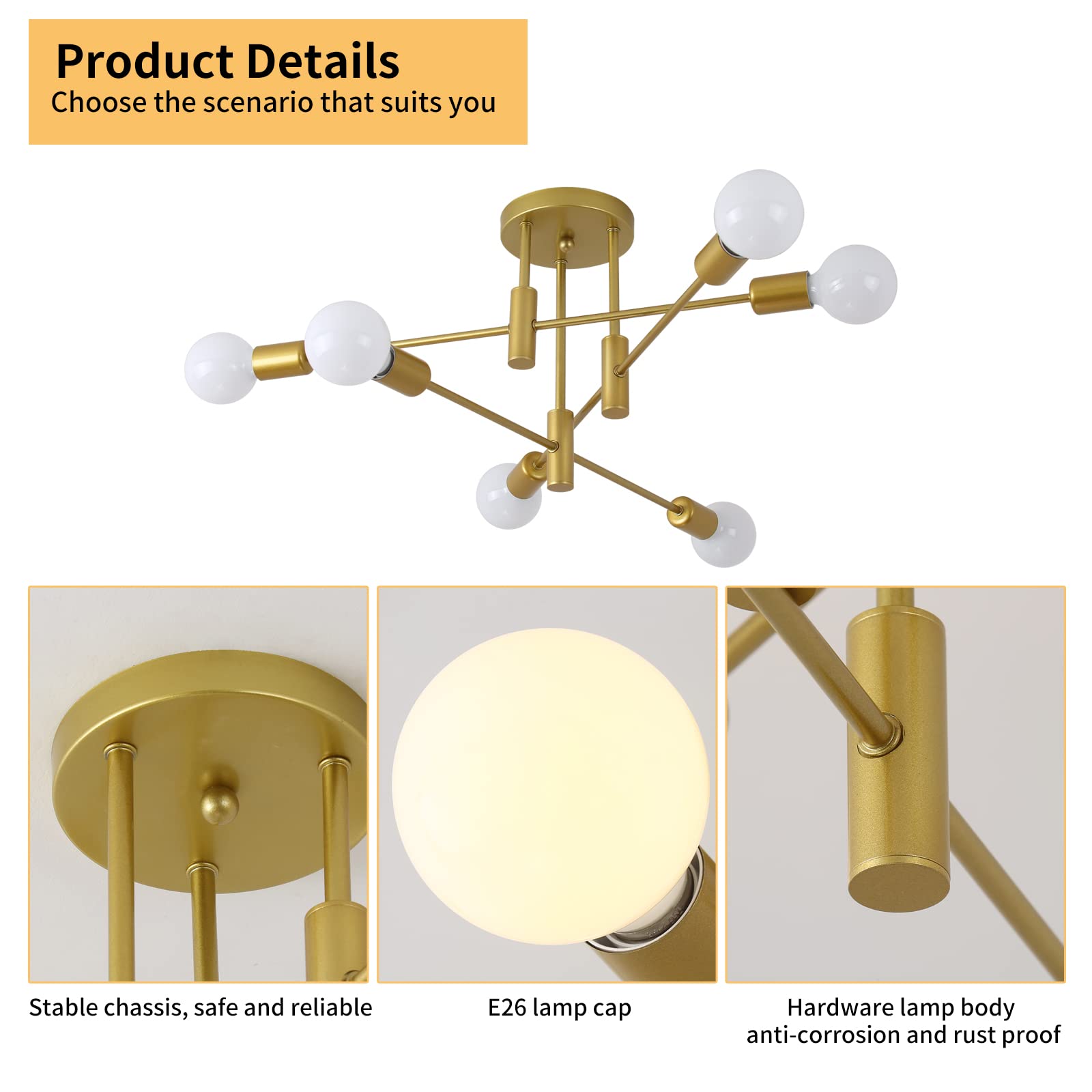 Garwarm Gold Modern Sputnik Chandelier Ceiling Light Fixtures,6-Lights Industrial Semi Flush Mount Ceiling Light For Bedroom Din