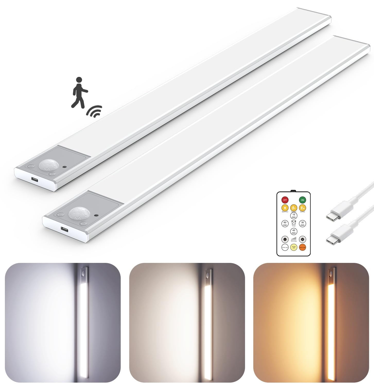Skairipa 16in Motion-Activated Under Cabinet Lighting, Aluminum, Silver, 2Pack, Rechargeable, 3 Color Temps