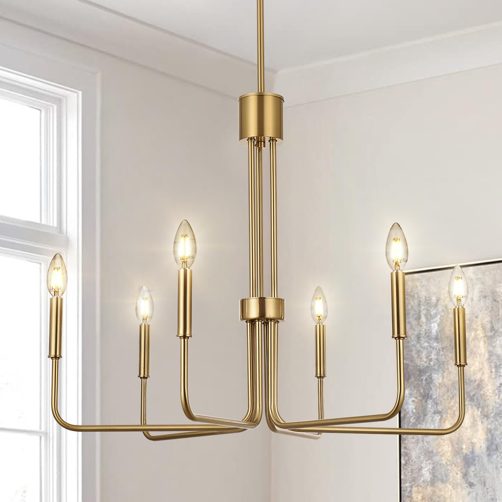 Niloah Brushed Gold Chandelier, 6-Light Chandelier For Dining Room, Farmhouse Pendant Light Fixtures For Bedroom, Foyer, Living 