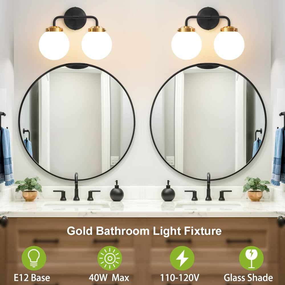 Deyidn Black Gold Bathroom Light Fixtures Over Mirror, Modern Vanity Lighting With Milk White Glass Globe Shades 2-Light Farmhou